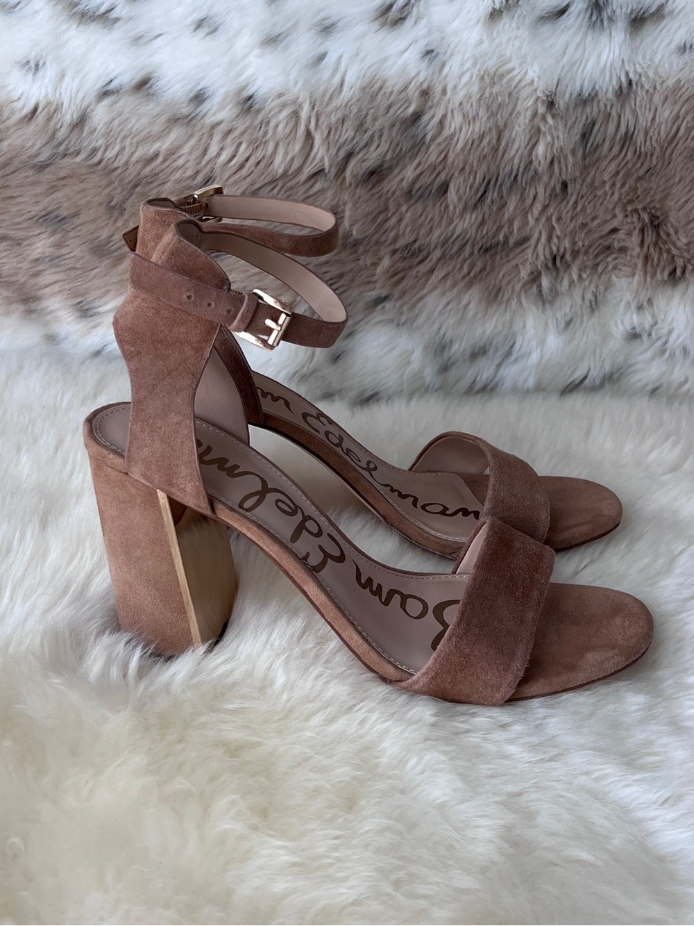 Sam Edelman Tan Suede Block Heel Sandals with Ankle Strap